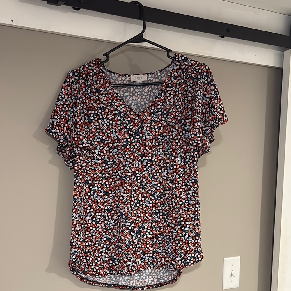 LOFT Red and White Floral Blouse with Rounded Neckline